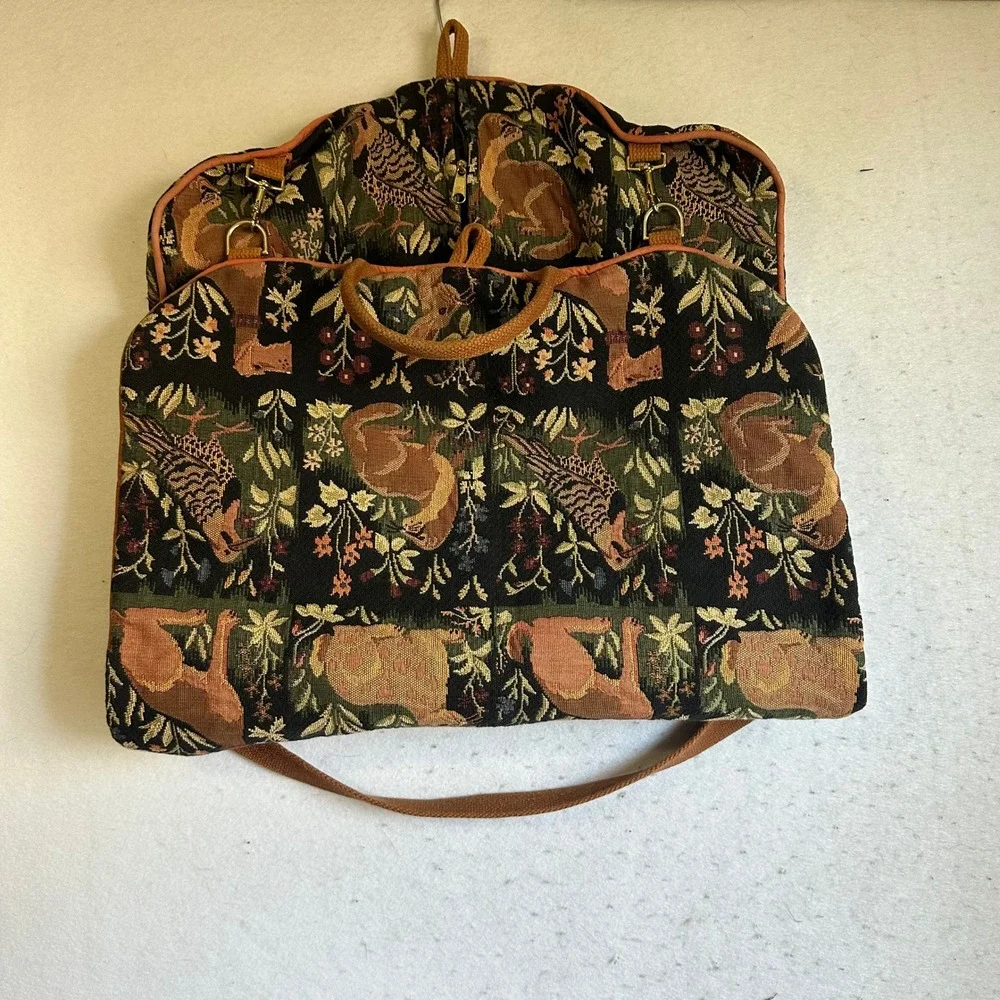 Vintage Tapestry Garment Bag Hunting Dog Rabbit Pheasant Travel Suit Bag Talon